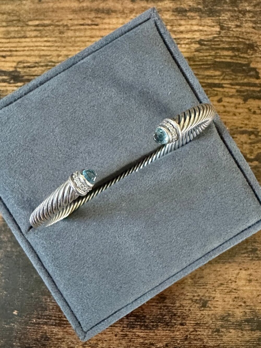 David Yurman Cable Cuff Bracelet w/ Blue Topaz & White Diamonds - 5 mm - Sz Med - Picture 4 of 16